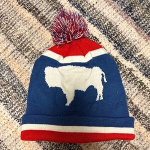 Red and Blue Pom-Pom Beanie with White Buffalo